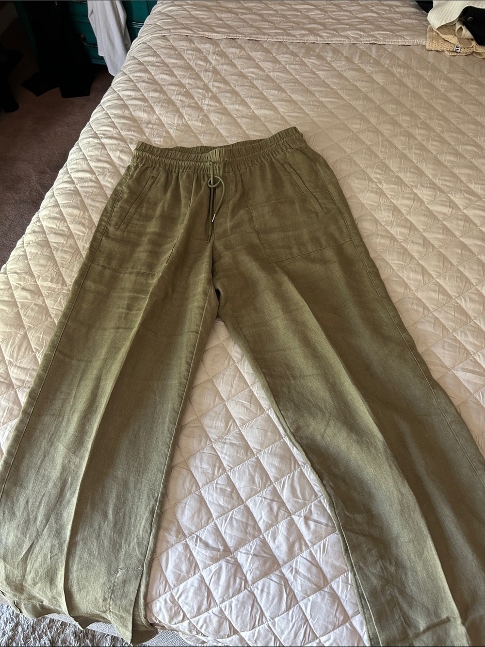 women’s Olive Green Drawstring Linen Pants
